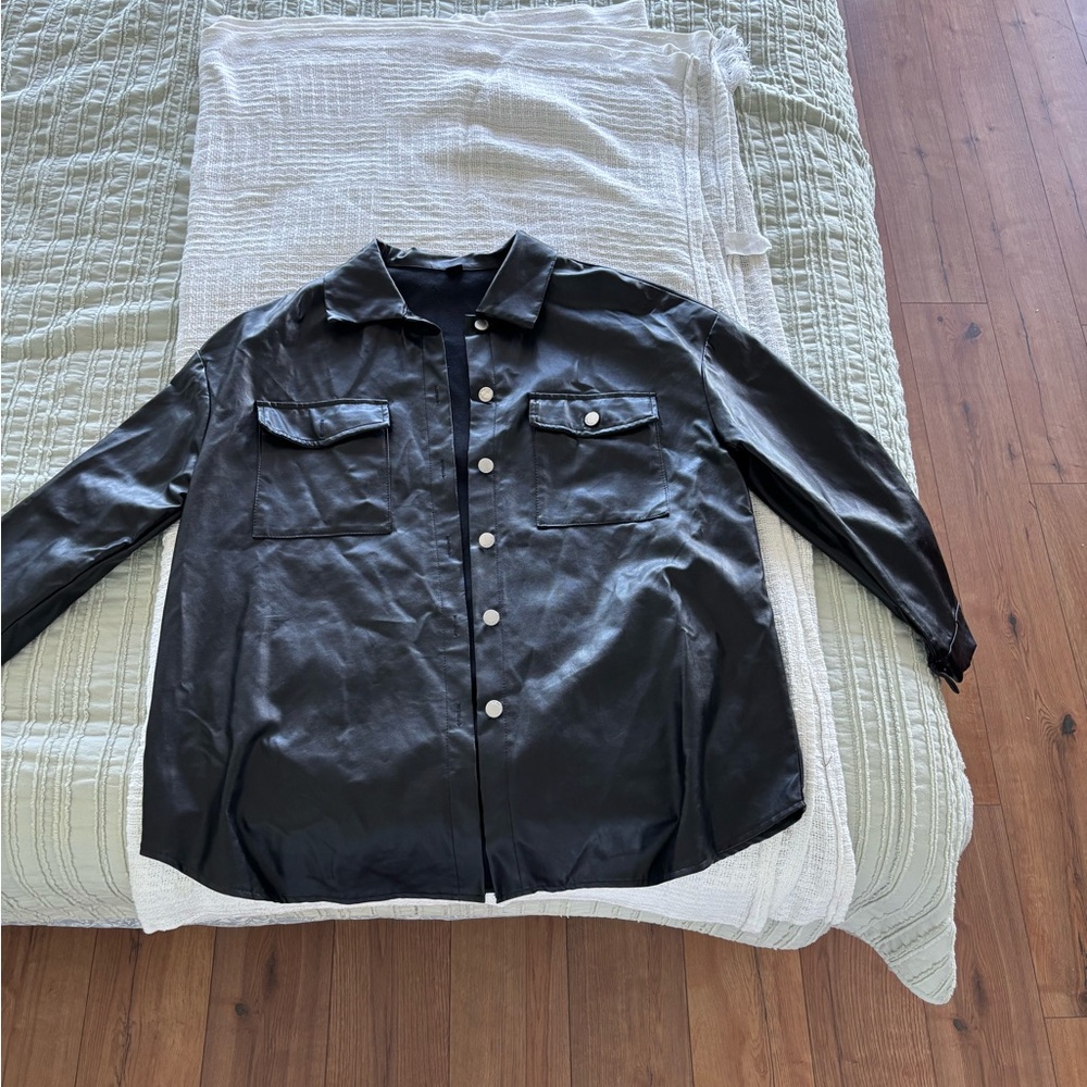 Black Faux Leather Button-Up Jacket
